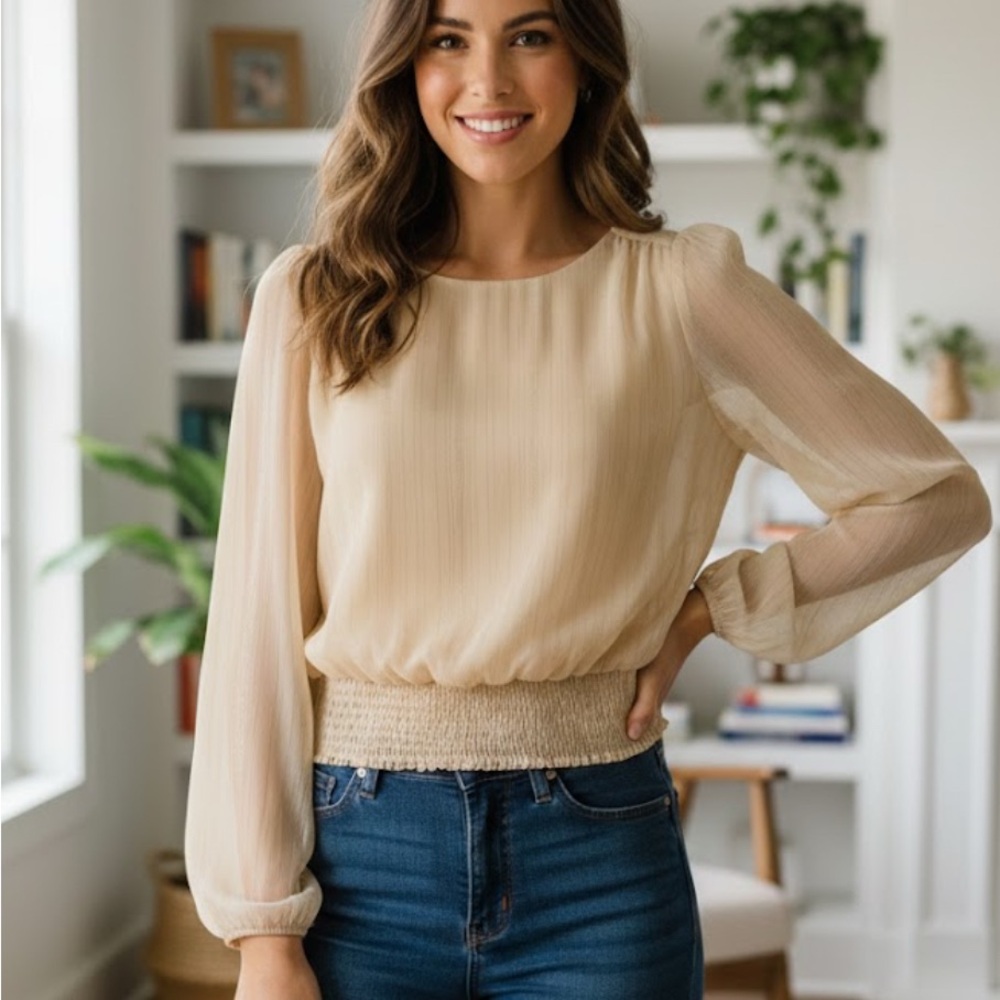 Elegant Cream Blouse with Sheer Sleeves